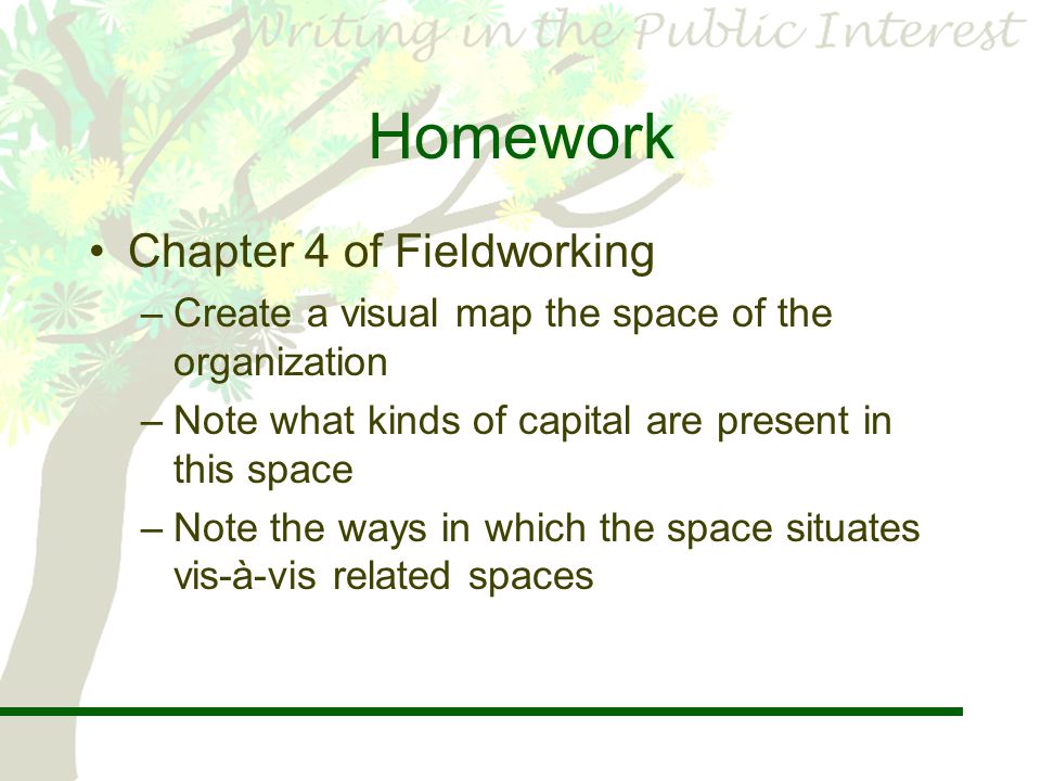 Homework Chapter 4 of Fieldworking –Create a visual map the space of the organization –Note what kinds of capital are present in this space –Note the ways in which the space situates vis-à-vis related spaces