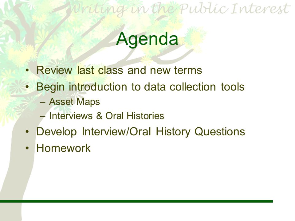 Agenda Review last class and new terms Begin introduction to data collection tools –Asset Maps –Interviews & Oral Histories Develop Interview/Oral History Questions Homework