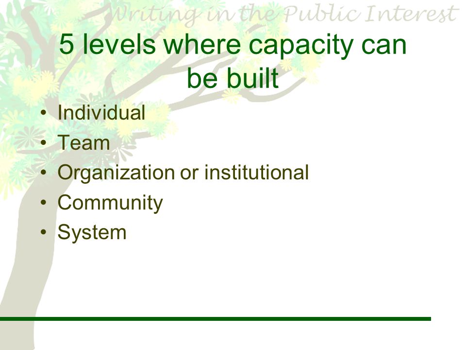 5 levels where capacity can be built Individual Team Organization or institutional Community System