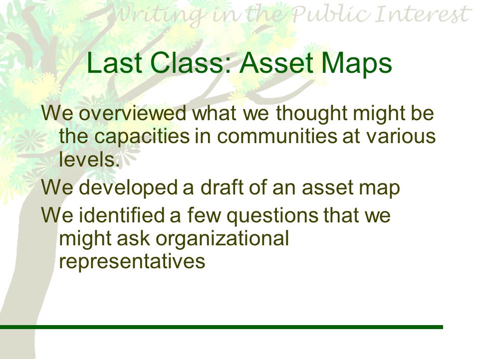 Last Class: Asset Maps We overviewed what we thought might be the capacities in communities at various levels.