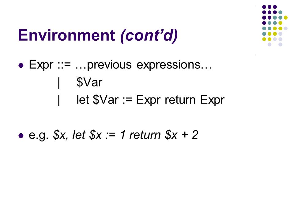 Environment (cont’d) Expr ::= …previous expressions… |$Var |let $Var := Expr return Expr e.g.
