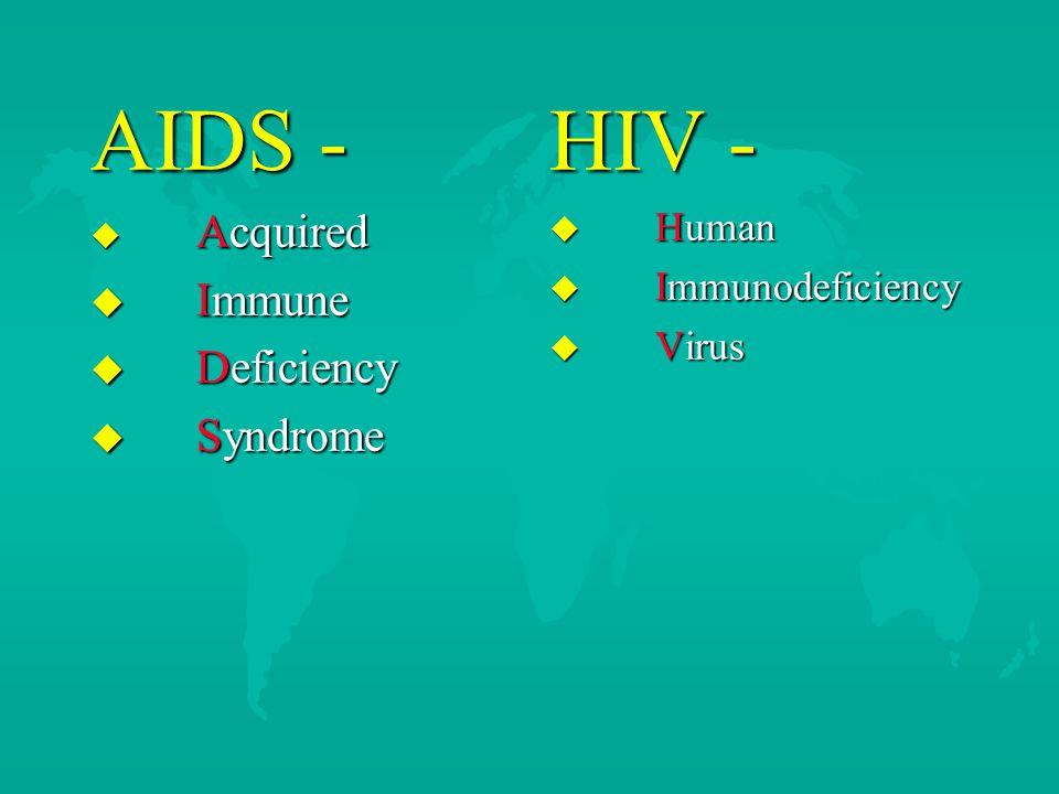 AIDS -  Acquired  Immune  Deficiency  Syndrome HIV -  Human  Immunodeficiency  Virus
