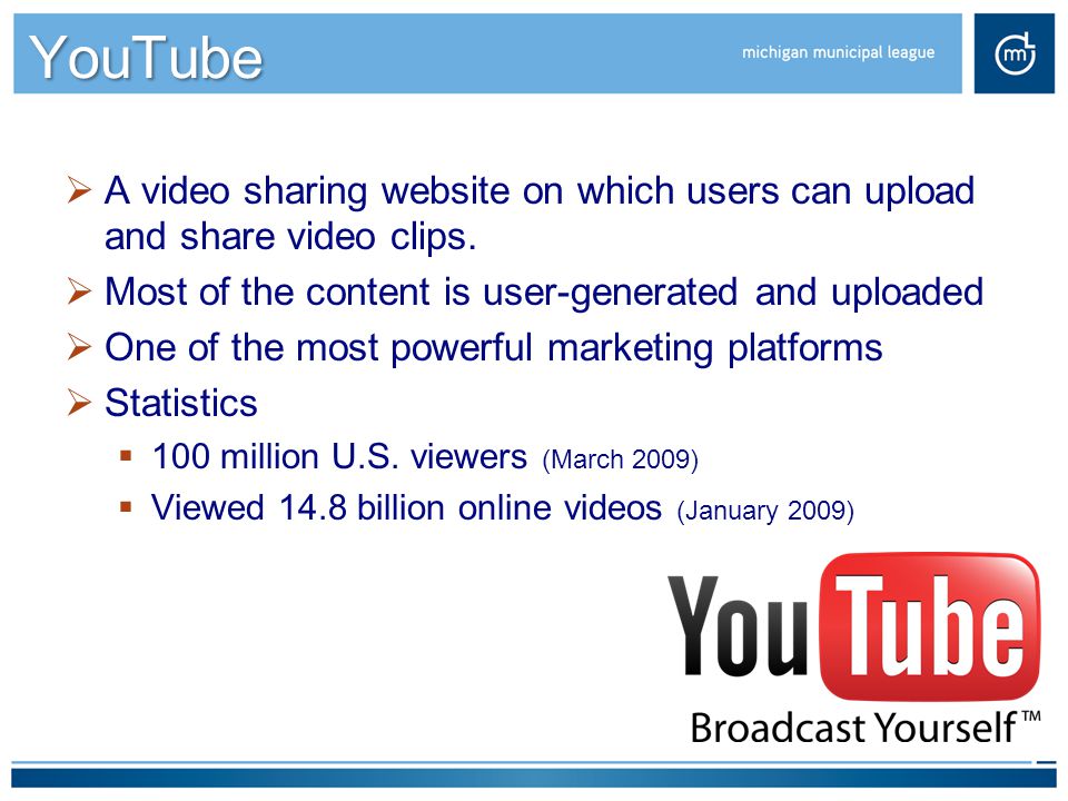 YouTube  A video sharing website on which users can upload and share video clips.