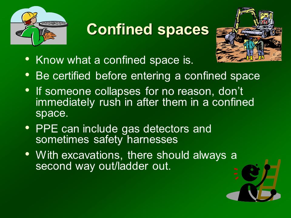 Confined spaces Know what a confined space is.