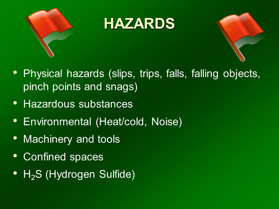 HAZARDS Physical hazards (slips, trips, falls, falling objects, pinch points and snags) Hazardous substances Environmental (Heat/cold, Noise) Machinery and tools Confined spaces H 2 S (Hydrogen Sulfide)