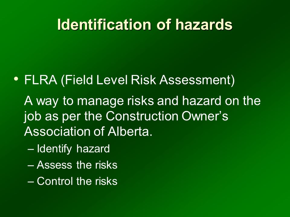 Identification of hazards FLRA (Field Level Risk Assessment) A way to manage risks and hazard on the job as per the Construction Owner’s Association of Alberta.