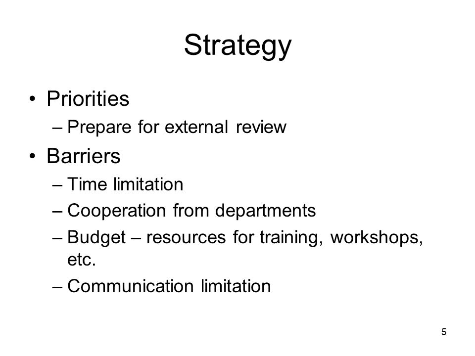 Strategy Priorities –Prepare for external review Barriers –Time limitation –Cooperation from departments –Budget – resources for training, workshops, etc.
