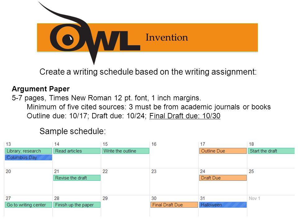 Invention Create a writing schedule based on the writing assignment: Sample schedule: Argument Paper 5-7 pages, Times New Roman 12 pt.