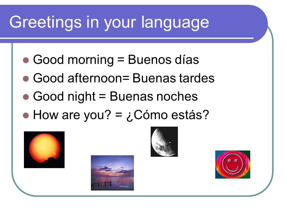 Greetings in your language Good morning = Buenos días Good afternoon= Buenas tardes Good night = Buenas noches How are you.