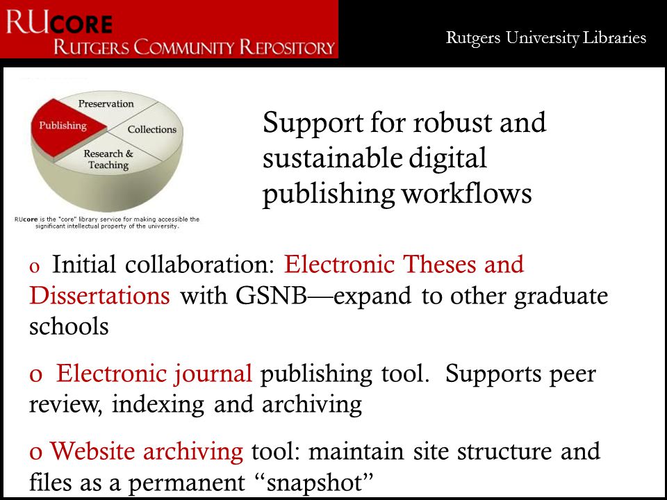 Support for robust and sustainable digital publishing workflows o Initial collaboration: Electronic Theses and Dissertations with GSNB—expand to other graduate schools o Electronic journal publishing tool.