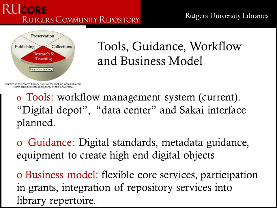 Rutgers University Libraries Tools, Guidance, Workflow and Business Model o Tools: workflow management system (current).