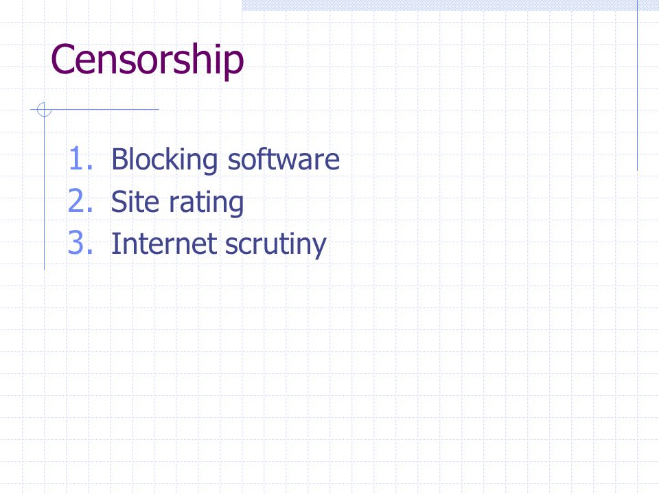 Censorship 1. Blocking software 2. Site rating 3. Internet scrutiny