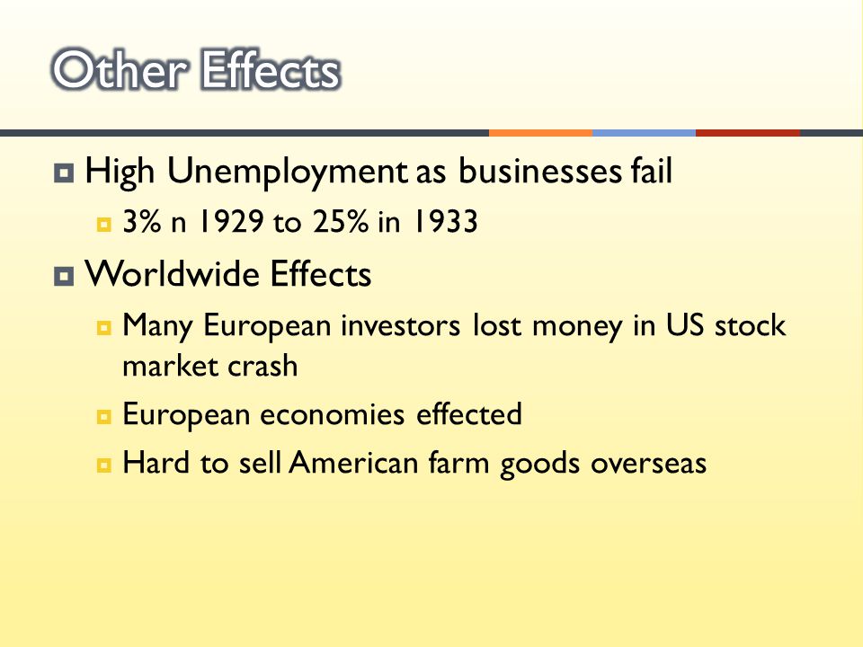  High Unemployment as businesses fail  3% n 1929 to 25% in 1933  Worldwide Effects  Many European investors lost money in US stock market crash  European economies effected  Hard to sell American farm goods overseas