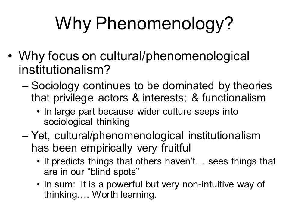 Why Phenomenology. Why focus on cultural/phenomenological institutionalism.