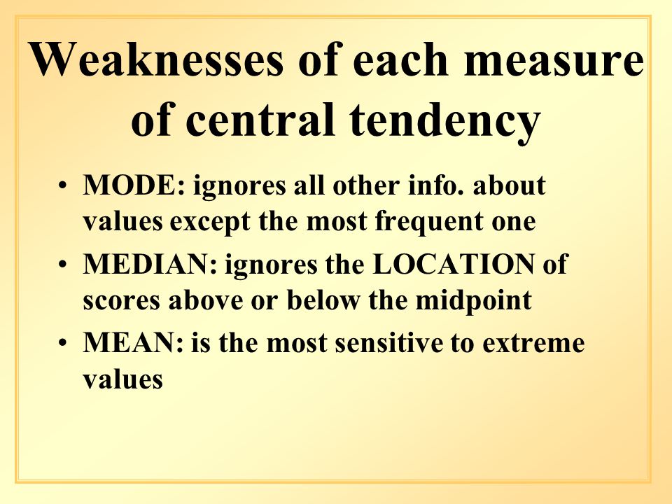 Weaknesses of each measure of central tendency MODE: ignores all other info.