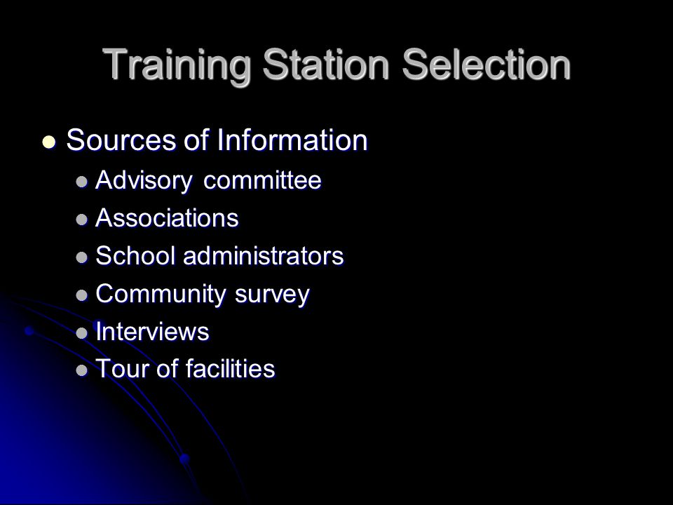 Training Station Selection Sources of Information Sources of Information Advisory committee Advisory committee Associations Associations School administrators School administrators Community survey Community survey Interviews Interviews Tour of facilities Tour of facilities