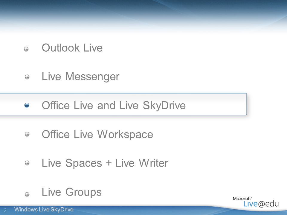 2 Windows Live SkyDrive Outlook Live Live Messenger Office Live and Live SkyDrive Office Live Workspace Live Spaces + Live Writer Live Groups