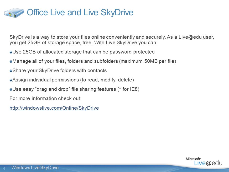 4 Windows Live SkyDrive Office Live and Live SkyDrive SkyDrive is a way to store your files online conveniently and securely.