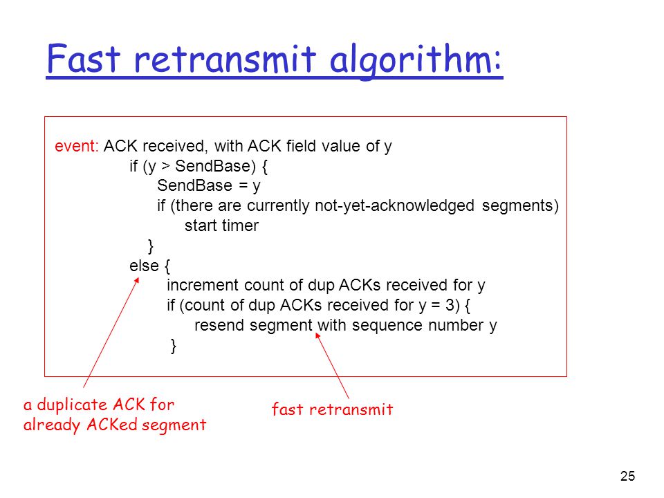 25 event: ACK received, with ACK field value of y if (y > SendBase) { SendBase = y if (there are currently not-yet-acknowledged segments) start timer } else { increment count of dup ACKs received for y if (count of dup ACKs received for y = 3) { resend segment with sequence number y } Fast retransmit algorithm: a duplicate ACK for already ACKed segment fast retransmit