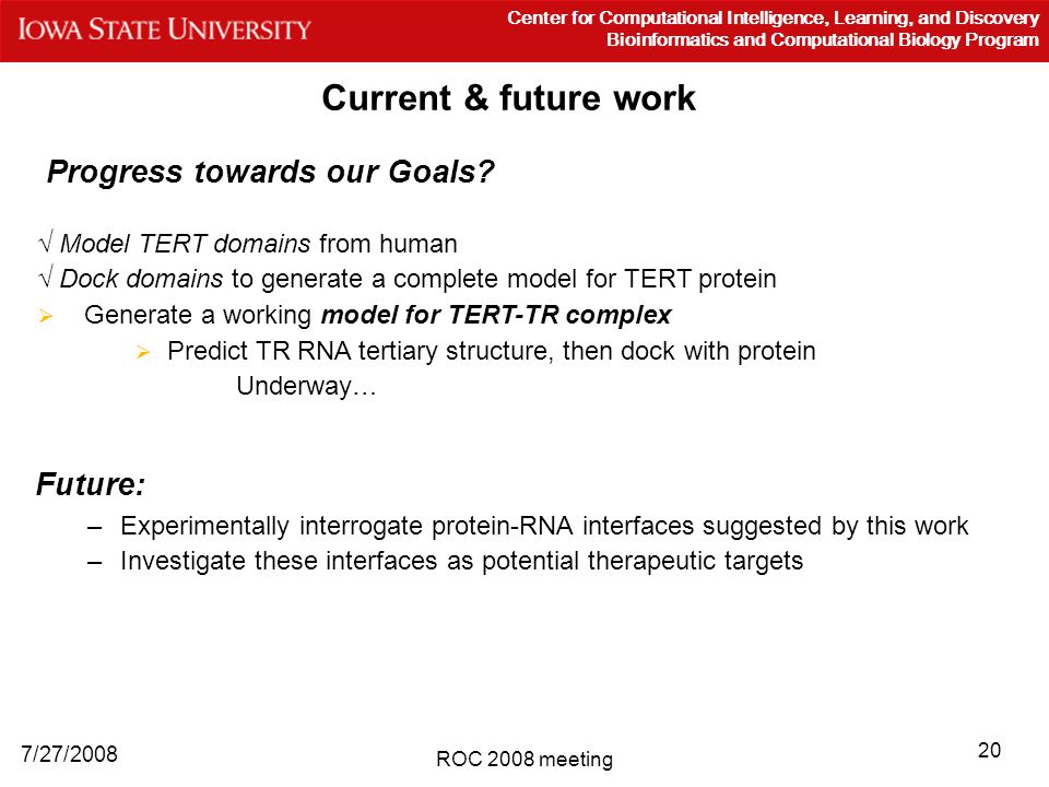 20 7/27/2008 Center for Computational Intelligence, Learning, and Discovery Bioinformatics and Computational Biology Program ROC 2008 meeting Current & future work Future: –Experimentally interrogate protein-RNA interfaces suggested by this work –Investigate these interfaces as potential therapeutic targets Progress towards our Goals.