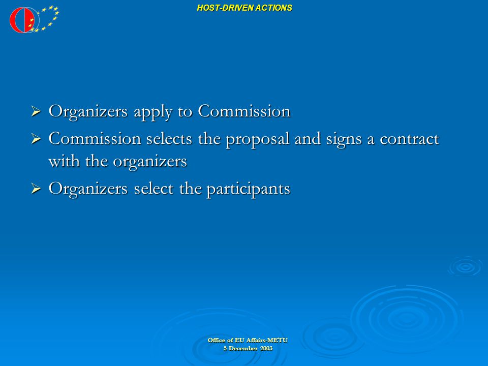 Office of EU Affairs-METU 5 December 2003 HOST-DRIVEN ACTIONS  Organizers apply to Commission  Commission selects the proposal and signs a contract with the organizers  Organizers select the participants