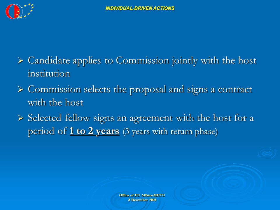 Office of EU Affairs-METU 5 December 2003 INDIVIDUAL-DRIVEN ACTIONS  Candidate applies to Commission jointly with the host institution  Commission selects the proposal and signs a contract with the host  Selected fellow signs an agreement with the host for a period of 1 to 2 years (3 years with return phase)