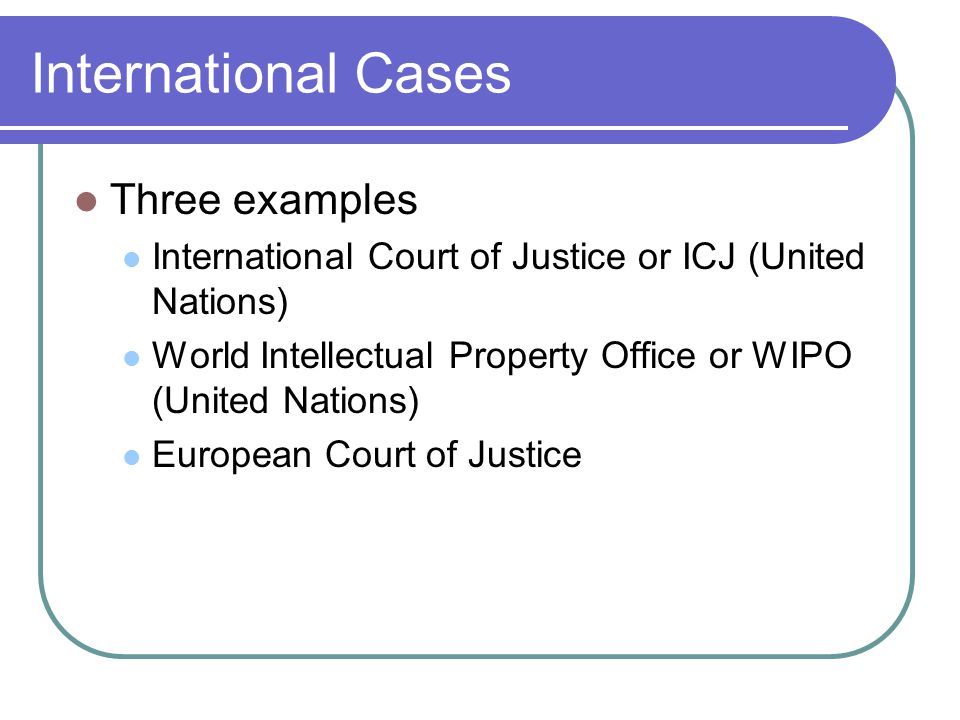 International Cases Three examples International Court of Justice or ICJ (United Nations) World Intellectual Property Office or WIPO (United Nations) European Court of Justice