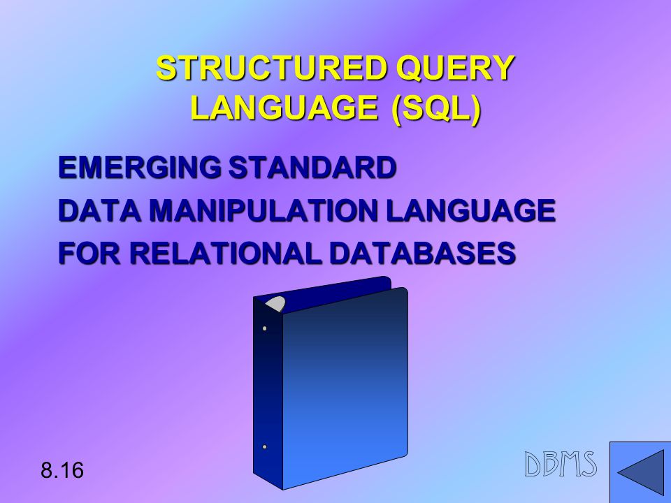 STRUCTURED QUERY LANGUAGE (SQL) EMERGING STANDARD DATA MANIPULATION LANGUAGE FOR RELATIONAL DATABASES * 8.16 DBMS