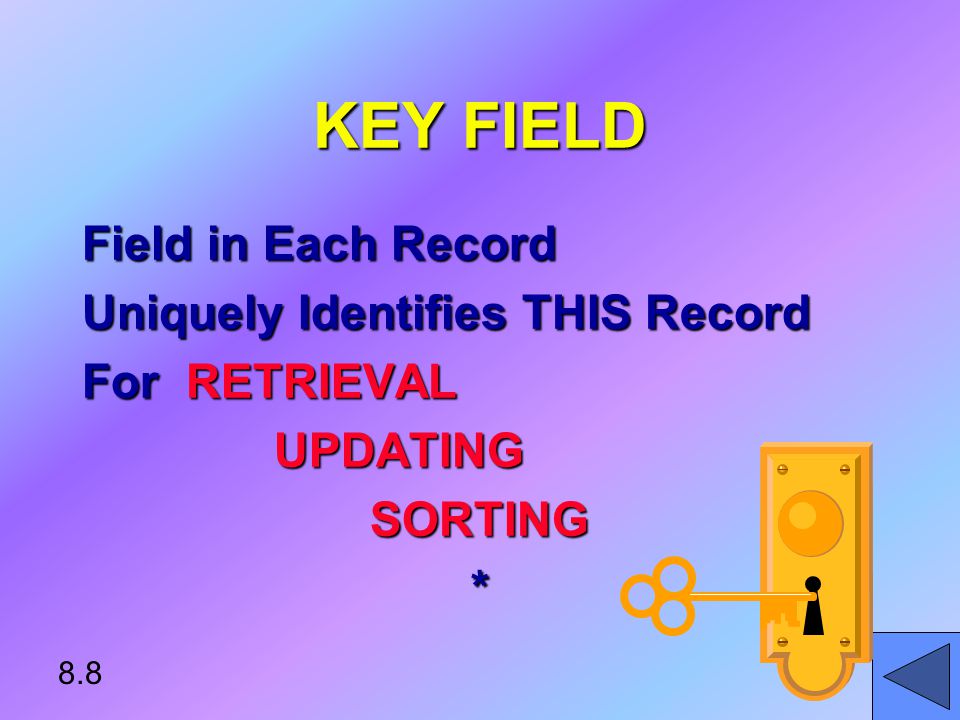 KEY FIELD Field in Each Record Uniquely Identifies THIS Record For RETRIEVAL UPDATING UPDATINGSORTING* 8.8