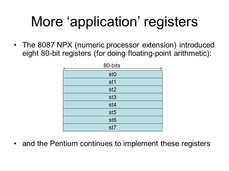 More ‘application’ registers The 8087 NPX (numeric processor extension) introduced eight 80-bit registers (for doing floating-point arithmetic): and the Pentium continues to implement these registers st0 st1 st2 st3 st4 st5 st6 st7 80-bits