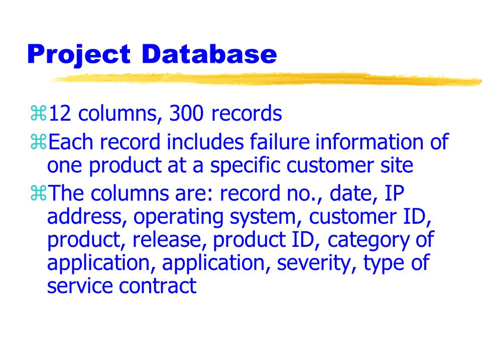 Project Database z12 columns, 300 records zEach record includes failure information of one product at a specific customer site zThe columns are: record no., date, IP address, operating system, customer ID, product, release, product ID, category of application, application, severity, type of service contract