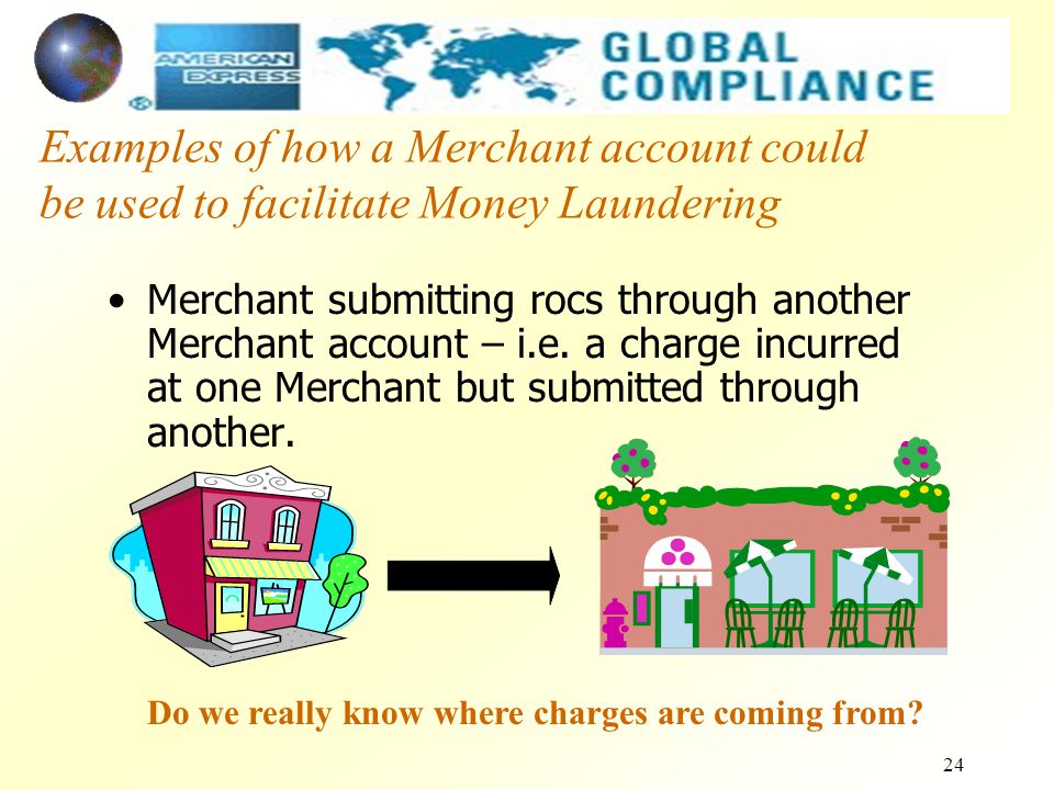 24 Examples of how a Merchant account could be used to facilitate Money Laundering Merchant submitting rocs through another Merchant account – i.e.