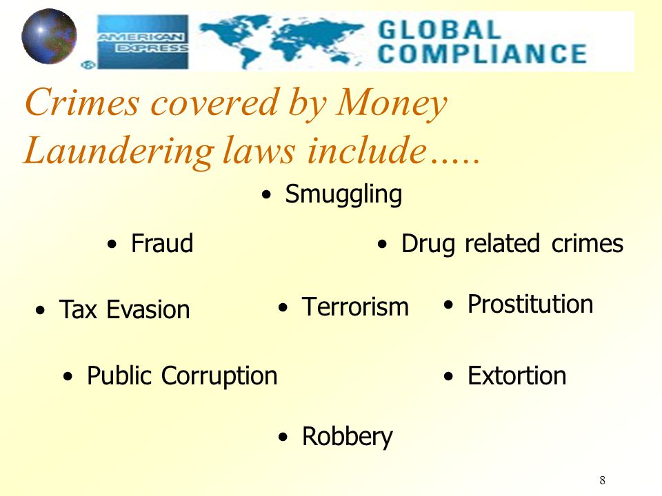 8 Crimes covered by Money Laundering laws include…..