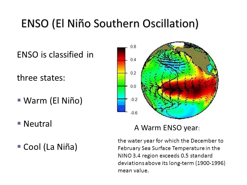 ENSO (El Niño Southern Oscillation) the water year for which the December to February Sea Surface Temperature in the NINO 3.4 region exceeds 0.5 standard deviations above its long-term ( ) mean value.