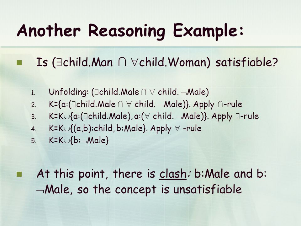 Another Reasoning Example: Is (  child.Man ∩  child.Woman) satisfiable.