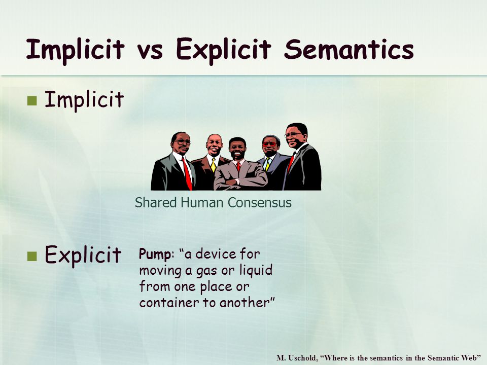 Implicit vs Explicit Semantics Implicit Explicit Shared Human Consensus Pump: a device for moving a gas or liquid from one place or container to another M.