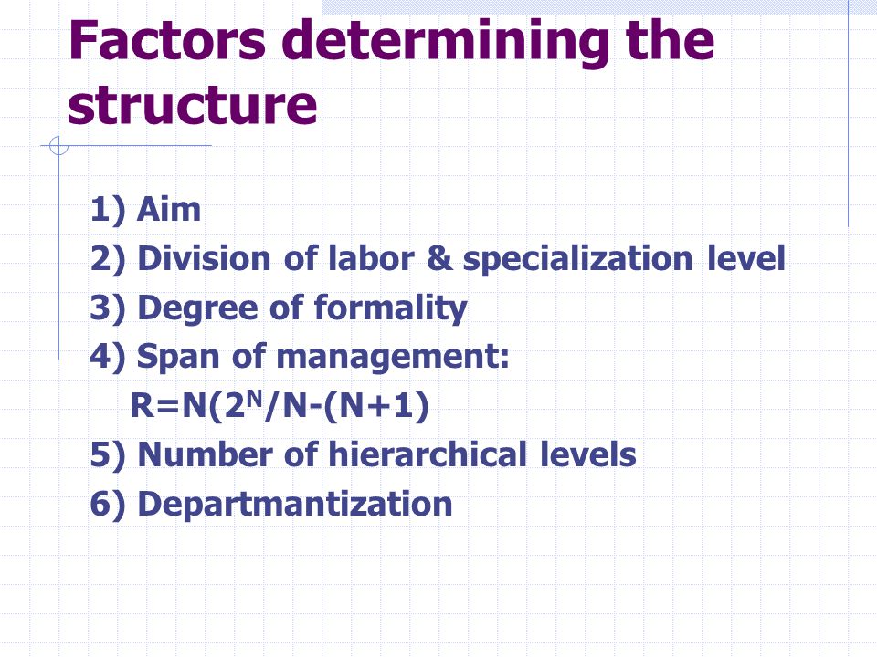 Factors determining the structure 1) Aim 2) Division of labor & specialization level 3) Degree of formality 4) Span of management: R=N(2 N /N-(N+1) 5) Number of hierarchical levels 6) Departmantization