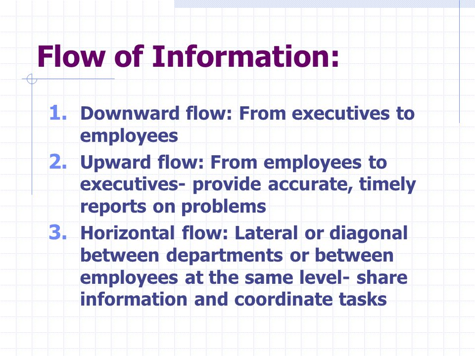 Flow of Information: 1. Downward flow: From executives to employees 2.