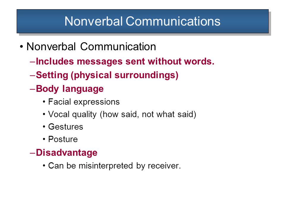 Nonverbal Communications Nonverbal Communication –Includes messages sent without words.