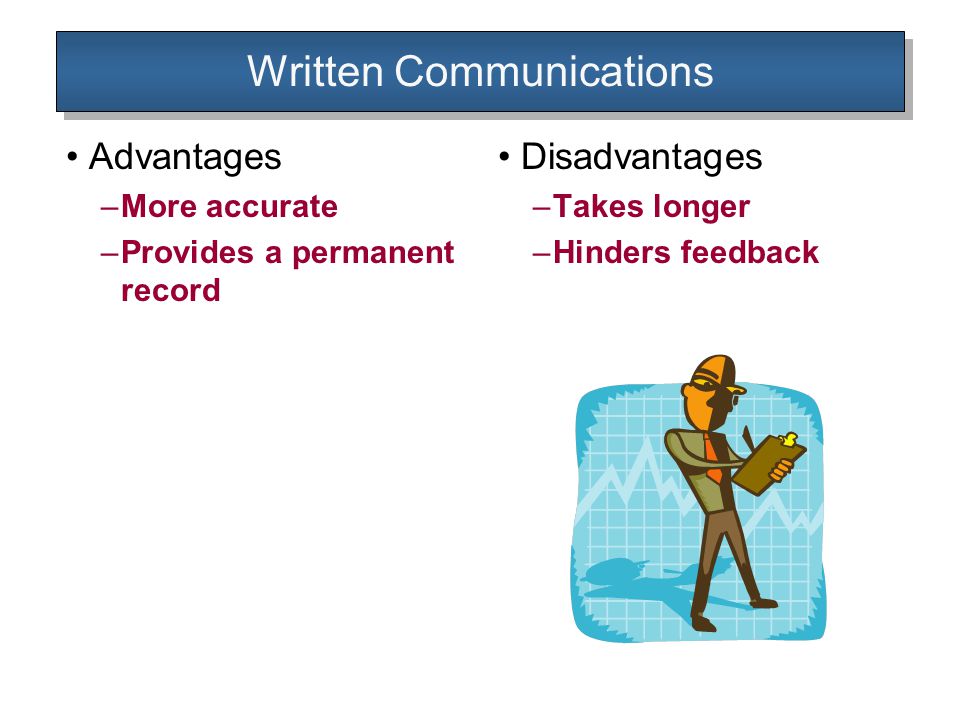Written Communications Advantages –More accurate –Provides a permanent record Disadvantages –Takes longer –Hinders feedback