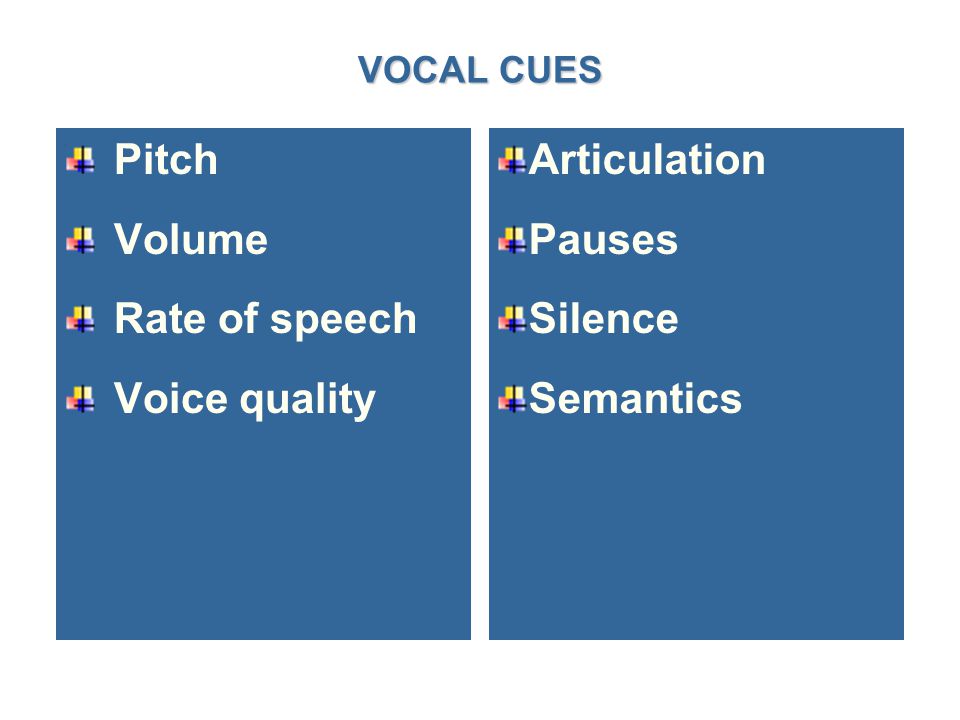 VOCAL CUES Pitch Volume Rate of speech Voice quality Articulation Pauses Silence Semantics