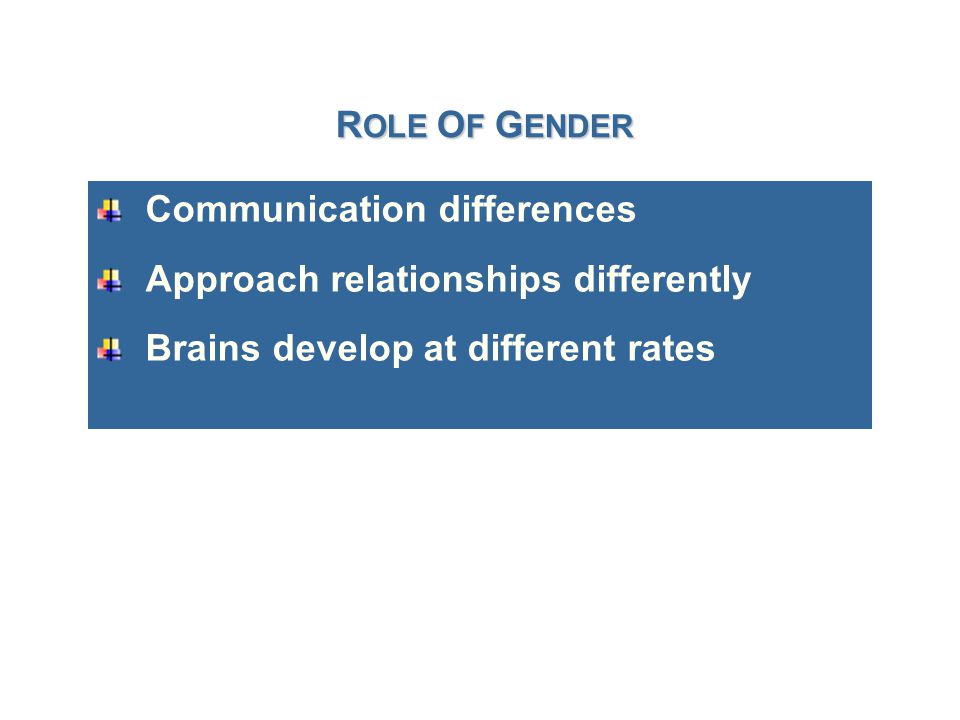 R OLE O F G ENDER Communication differences Approach relationships differently Brains develop at different rates