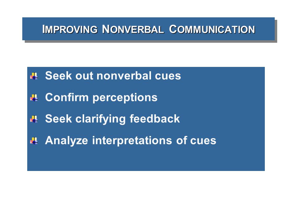 I MPROVING N ONVERBAL C OMMUNICATION Seek out nonverbal cues Confirm perceptions Seek clarifying feedback Analyze interpretations of cues