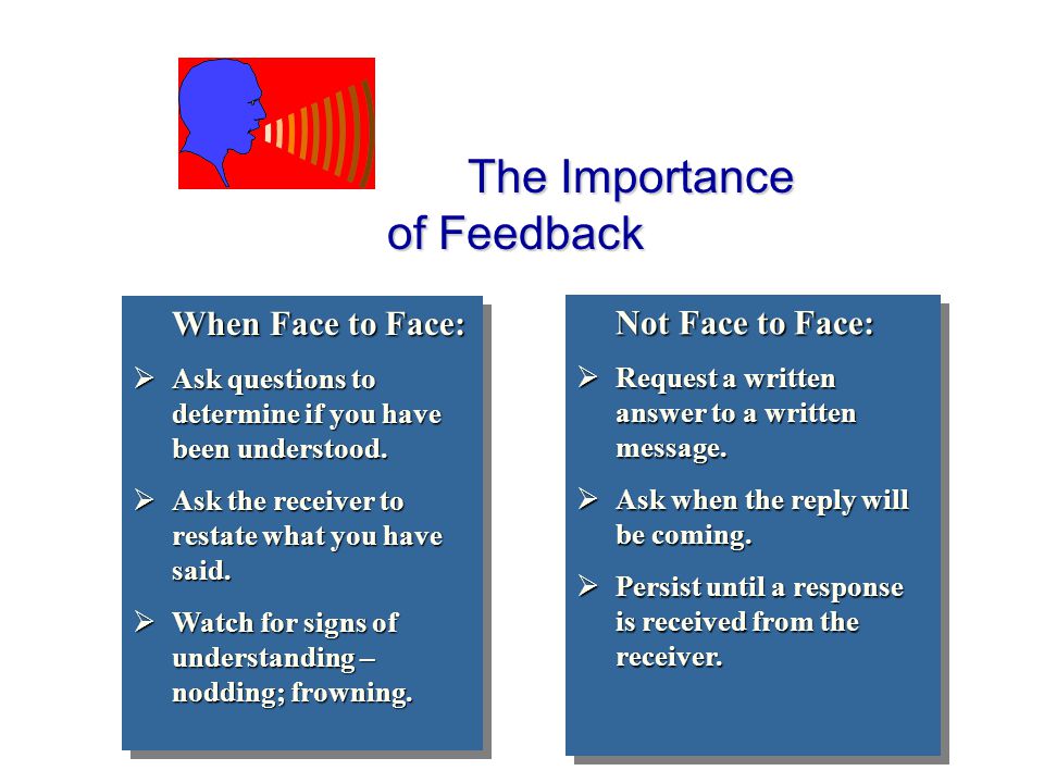 The Importance of Feedback The Importance of Feedback When Face to Face:  Ask questions to determine if you have been understood.