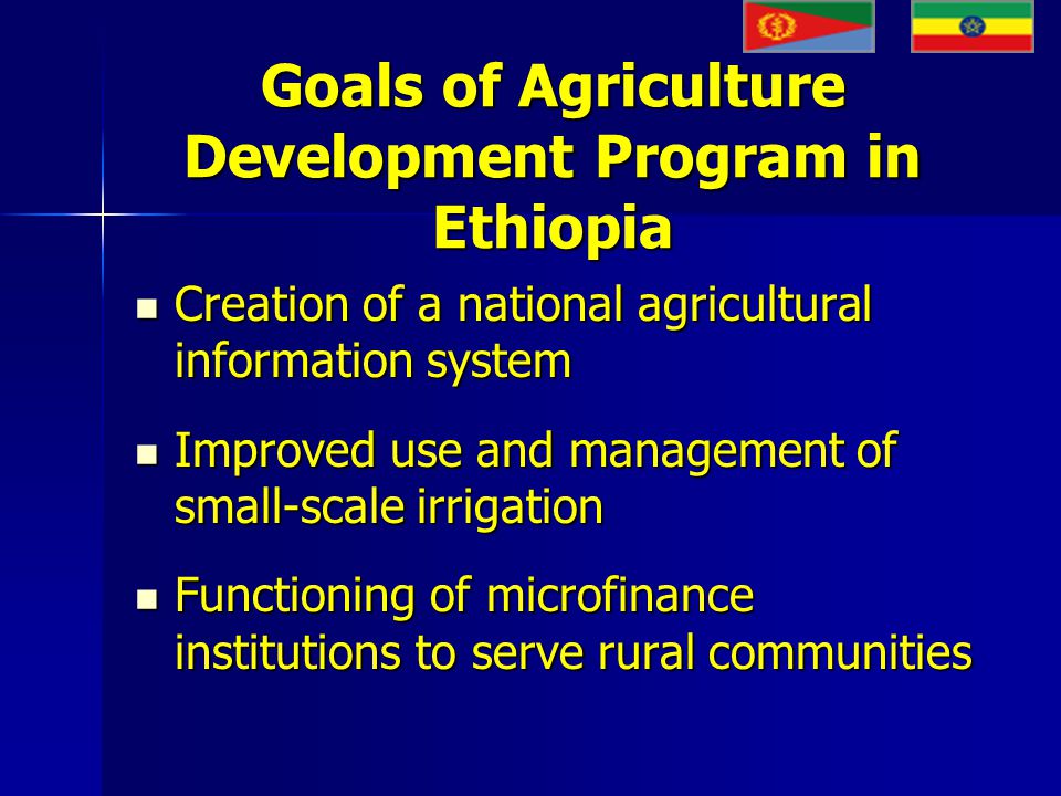 Goals of Agriculture Development Program in Ethiopia Creation of a national agricultural information system Creation of a national agricultural information system Improved use and management of small-scale irrigation Improved use and management of small-scale irrigation Functioning of microfinance institutions to serve rural communities Functioning of microfinance institutions to serve rural communities