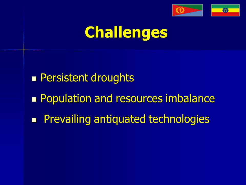 Challenges Persistent droughts Persistent droughts Population and resources imbalance Population and resources imbalance Prevailing antiquated technologies Prevailing antiquated technologies