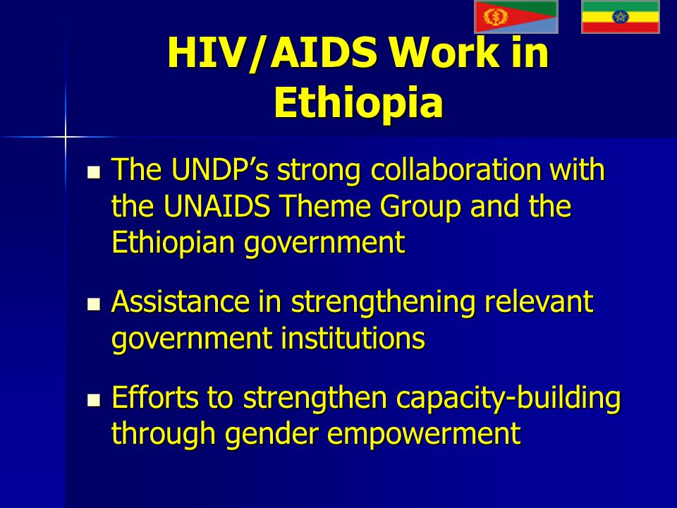 HIV/AIDS Work in Ethiopia The UNDP’s strong collaboration with the UNAIDS Theme Group and the Ethiopian government The UNDP’s strong collaboration with the UNAIDS Theme Group and the Ethiopian government Assistance in strengthening relevant government institutions Assistance in strengthening relevant government institutions Efforts to strengthen capacity-building through gender empowerment Efforts to strengthen capacity-building through gender empowerment
