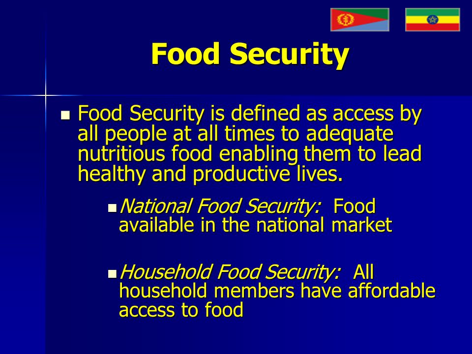 Food Security Food Security is defined as access by all people at all times to adequate nutritious food enabling them to lead healthy and productive lives.