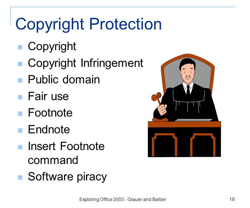 Exploring Office Grauer and Barber 19 Copyright Protection Copyright Copyright Infringement Public domain Fair use Footnote Endnote Insert Footnote command Software piracy