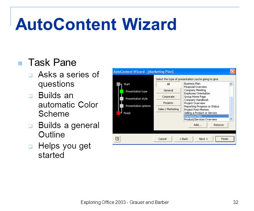 Exploring Office Grauer and Barber 32 AutoContent Wizard Task Pane  Asks a series of questions  Builds an automatic Color Scheme  Builds a general Outline  Helps you get started